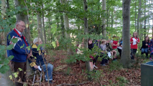 A group of children and adults, mostly seated, in woodland of young beech and oak trees.